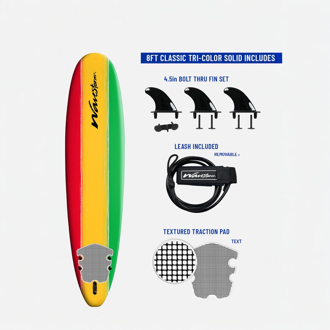 Wavestorm Surfboards Classic Red/Yellow/Green Surfboard -  8 ft