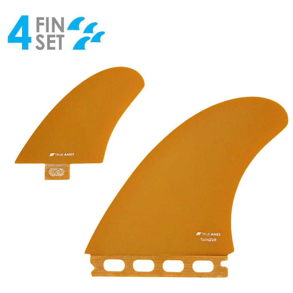 Two orange surfboard fins with &